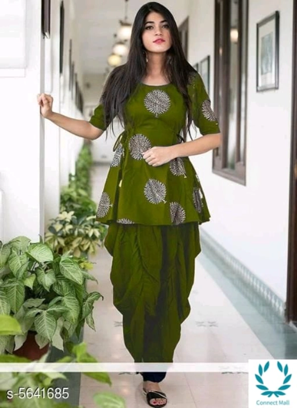 Women's Printed Anarkali Kurta with Dhoti Pants - M, Green, Rayon, Kurti With Bottom: Dhoti Pants, Pack of : 1